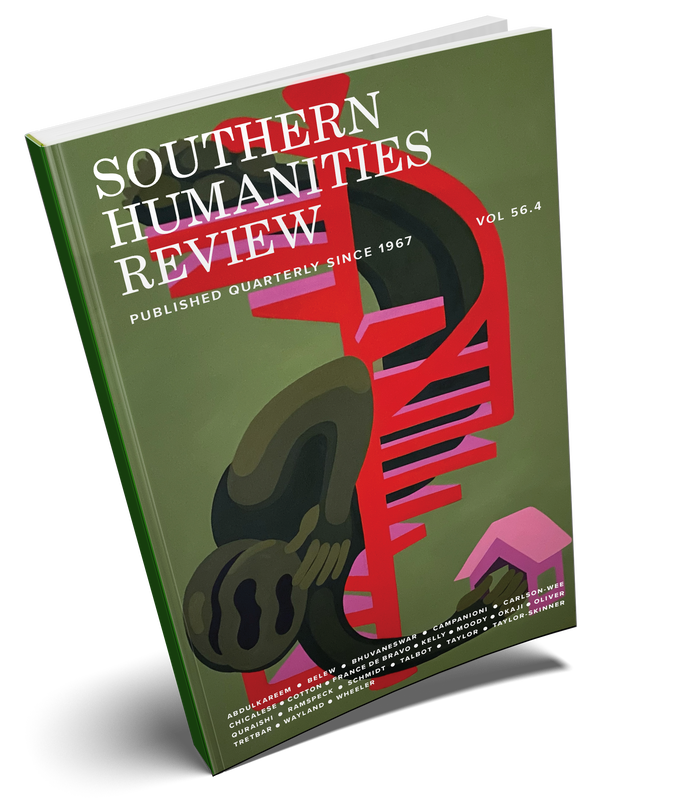 Cover of SHR issue 56.4: an abstract green creature sliding down a red and pink staircase upsidedown and reaching into a small pink house.